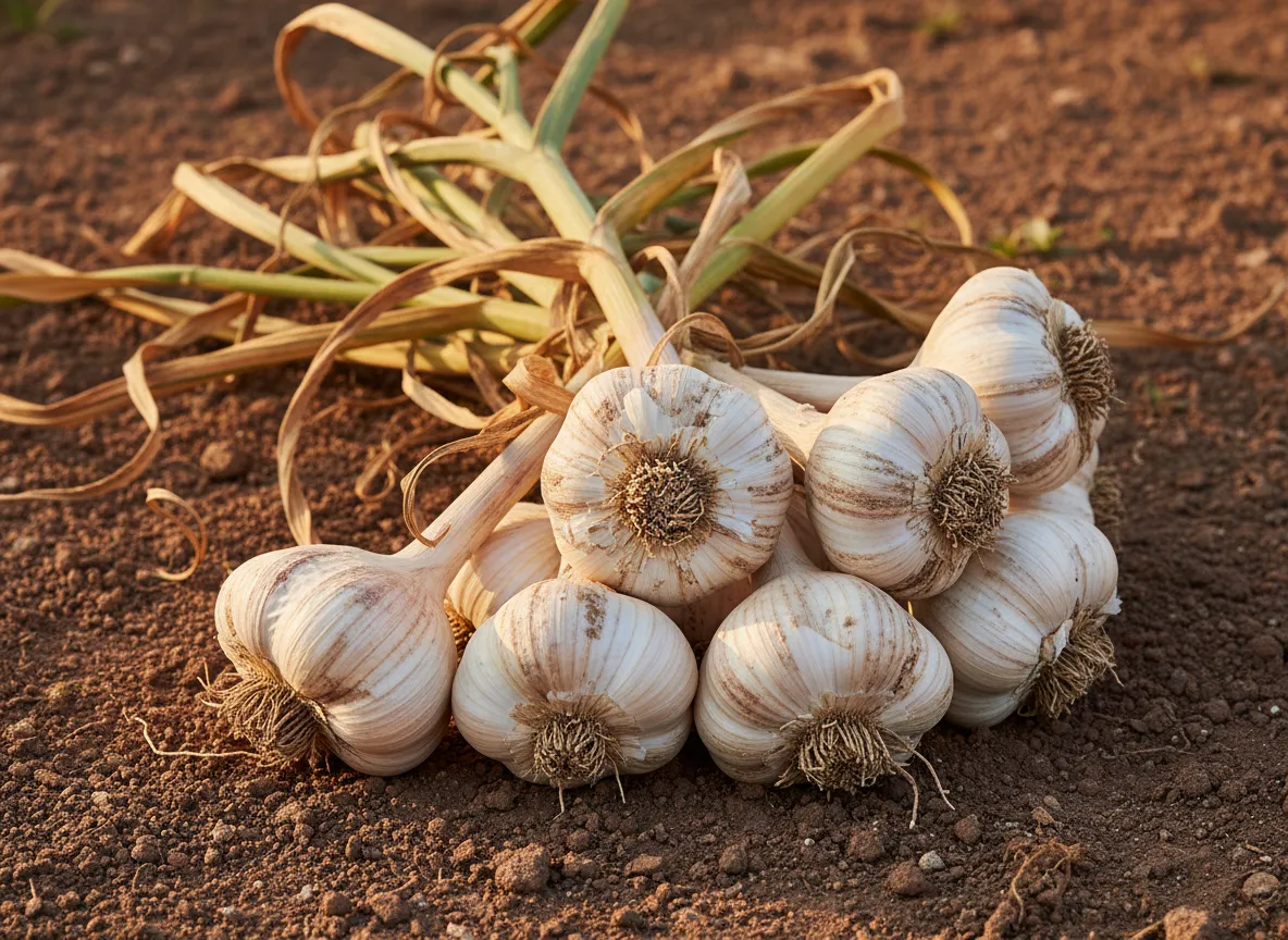 Cured garlic bulbs with papery wrappers intact hanging in an airy store