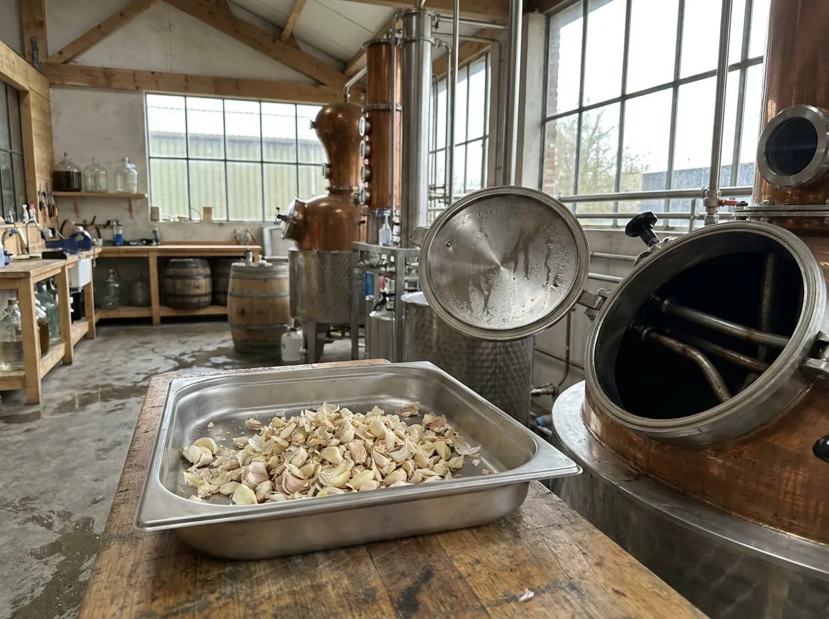 Crushed garlic resting in a steel tray beside an open still